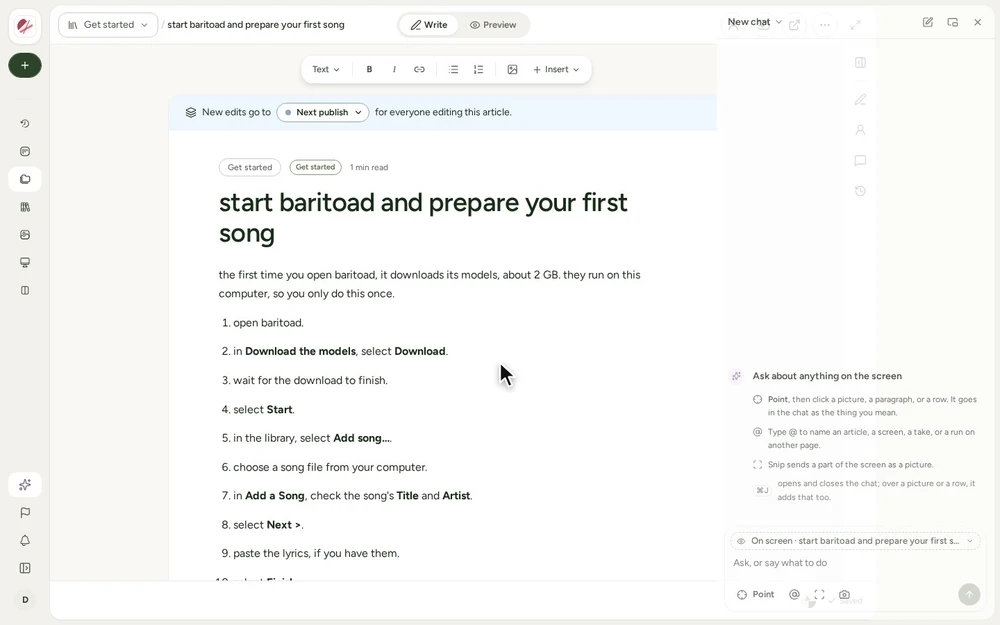 The chat open on an article, with a change typed in and Send marked.