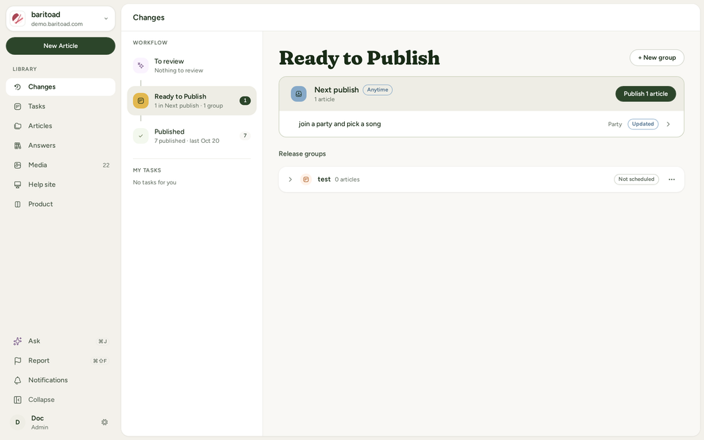 The Changes page, with To review, Ready to Publish, and Published in the Workflow rail.