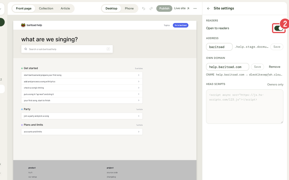 Site settings on the Help site page, with the Open to readers switch