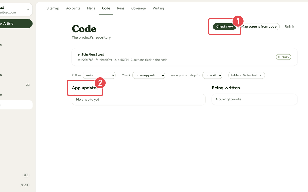 The Code page with the Check now button and the App updates list