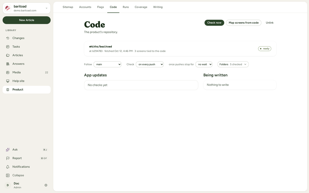 The Code page with Follow, Check, and Folders