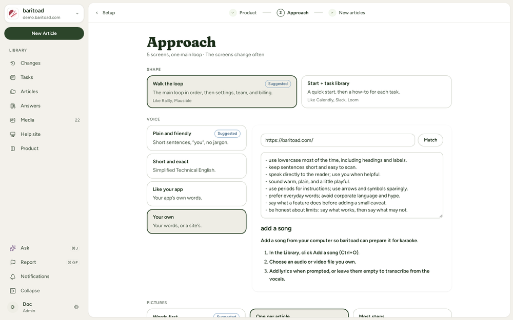 The Approach step with Shape, Voice, Pictures, and Detail, and the option Docmunk suggests