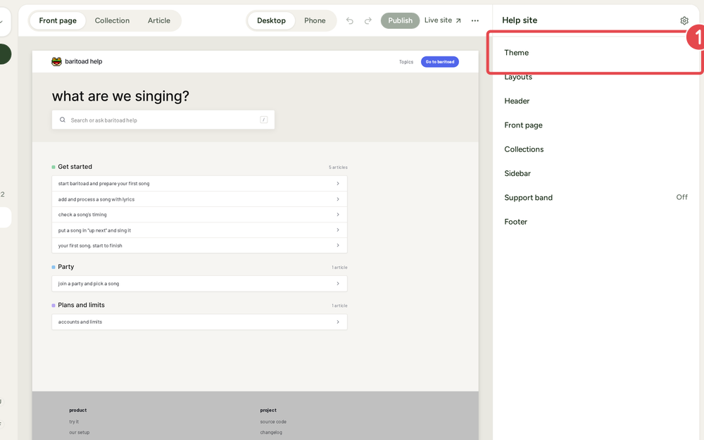 The Help site page, with the preview of the site and the panel that lists its parts